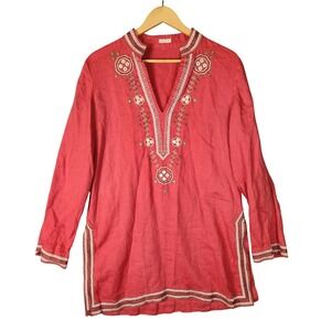 Old Navy 100% Linen Tunic Top Women's Large Coral Embroidered Boho